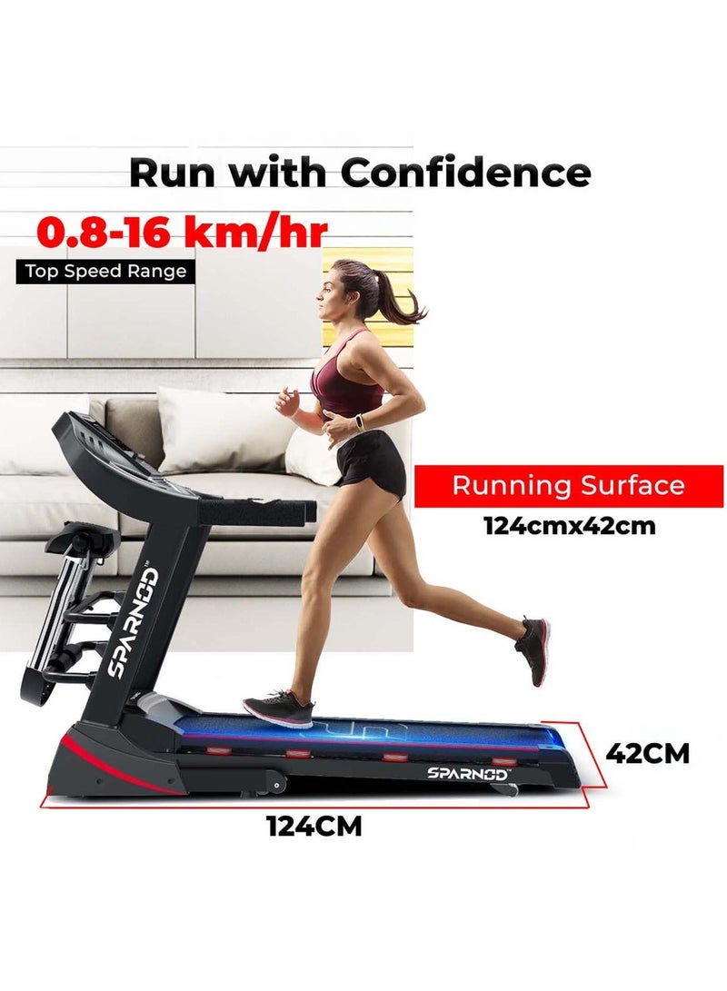 Sparnod Fitness STH-3600: 4 HP Peak DC Motor, 16 Km/H Treadmill, Advanced Console with 12 Pre-set Programs, Comprehensive Massager, Supports 110 Kg User Weight, Hydraulic Foldable, Inbuilt Speakers - Image 3